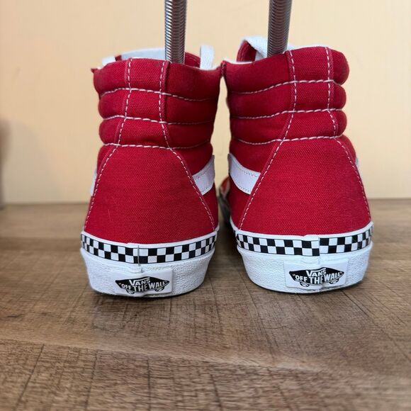Vans Sk8-Hi Red Canvas High Top Sneakers Checkerboard Trim Men’s 5 / Women’s 6.5 - Picture 2 of 8